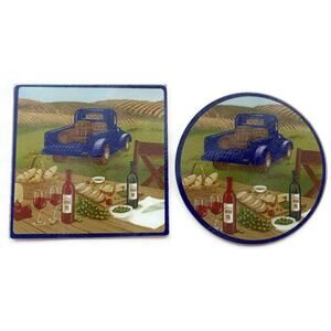 Country Picnic Trivet Hot Plate Set of 2 Hay Farm Pickup Truck